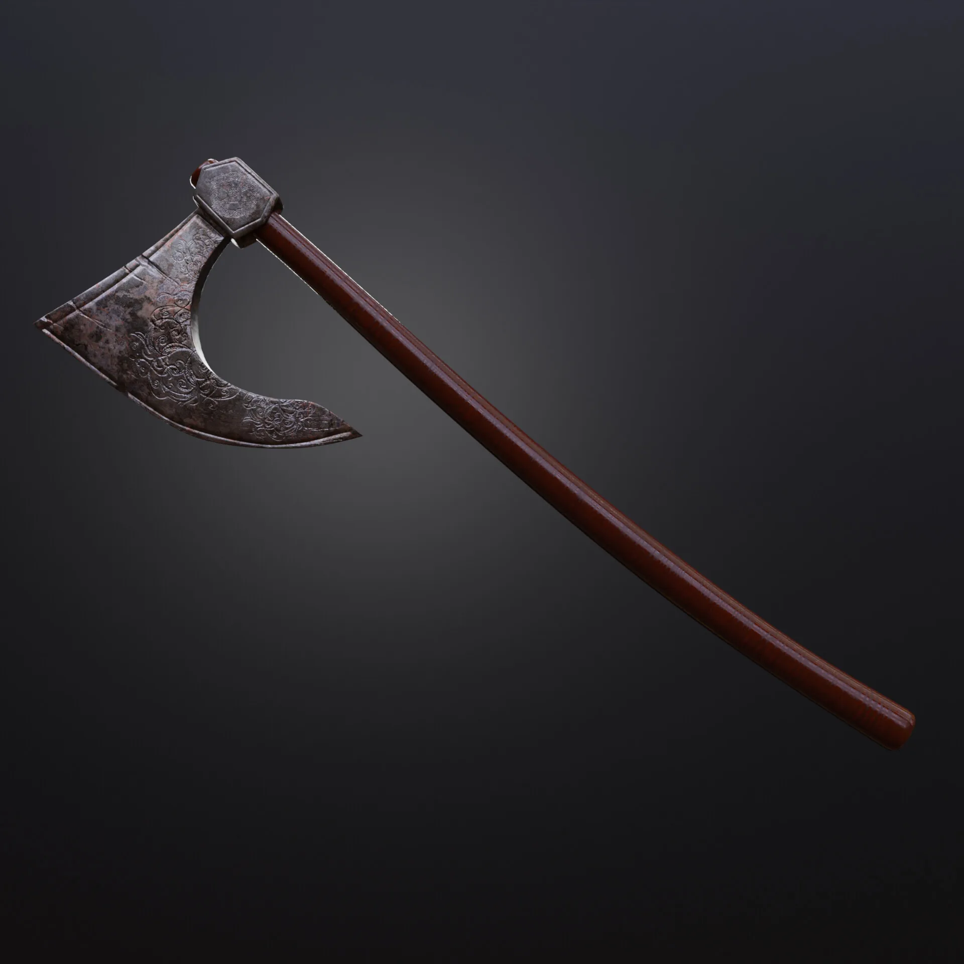 A Viking axe with a wrapped haft on a grey stage