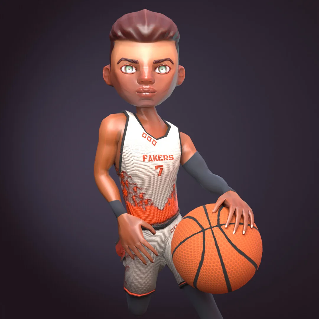 A stylised low-poly basketball player in a red-and-white jersey dribbling