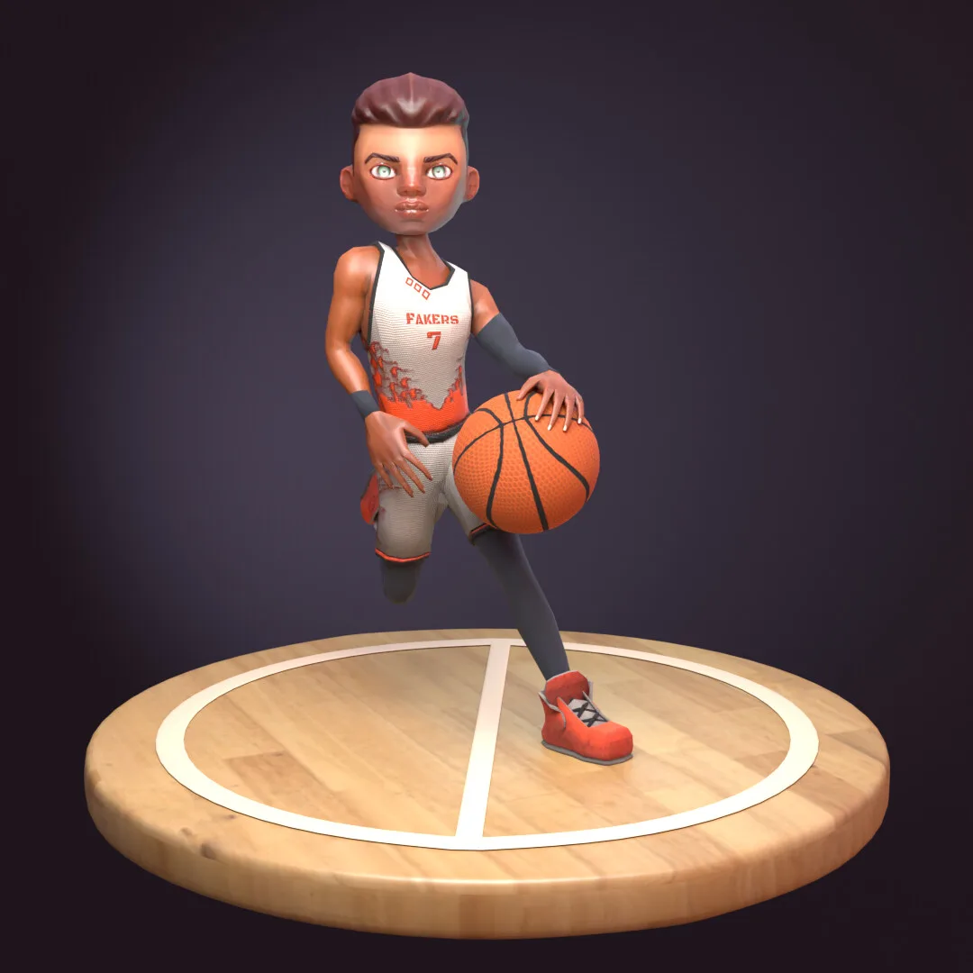 The basketball player posed on a wooden court disc
