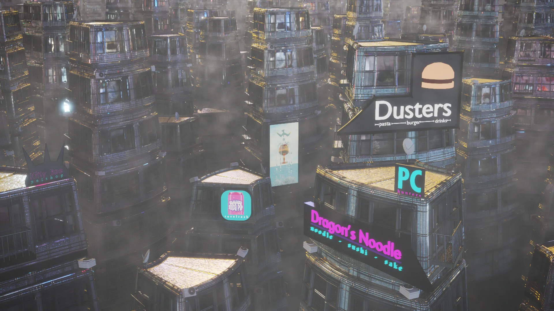 A dense cyberpunk city of stacked buildings and neon signs at night