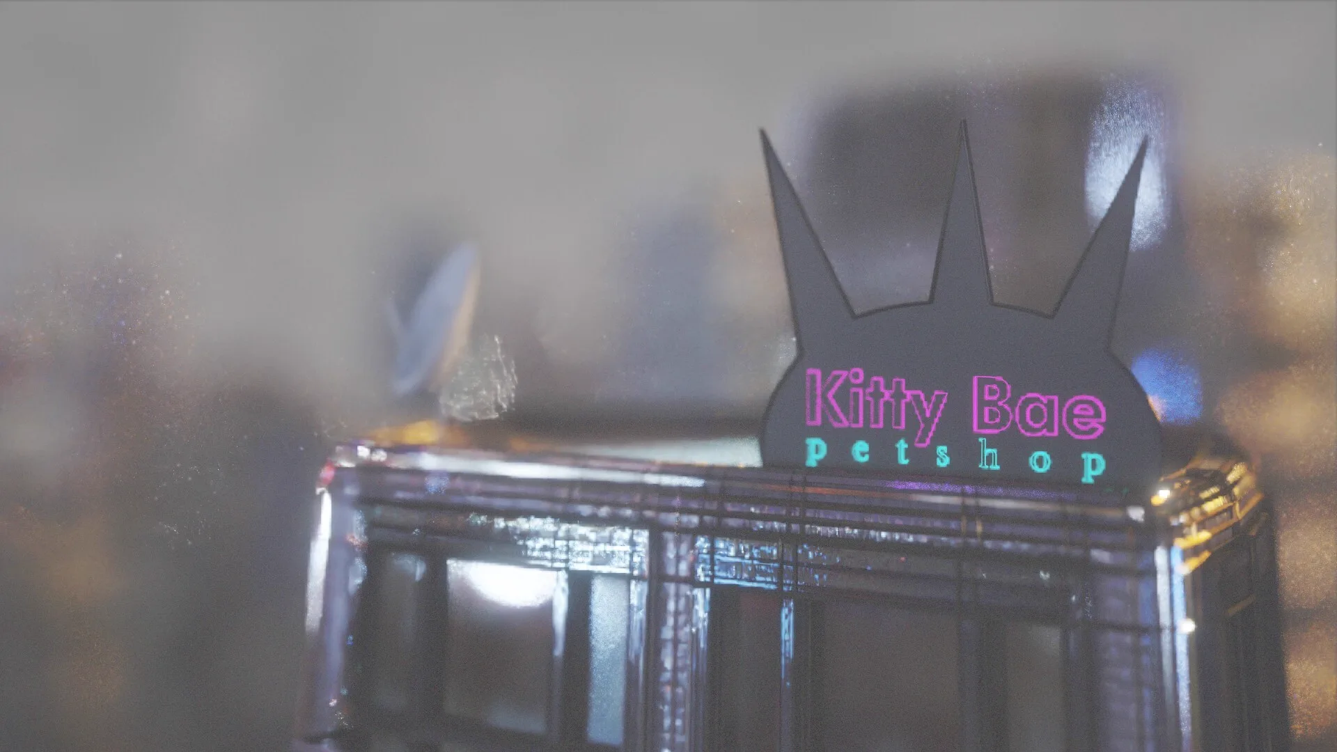 A pet-shop sign and balconies in the cyberpunk city