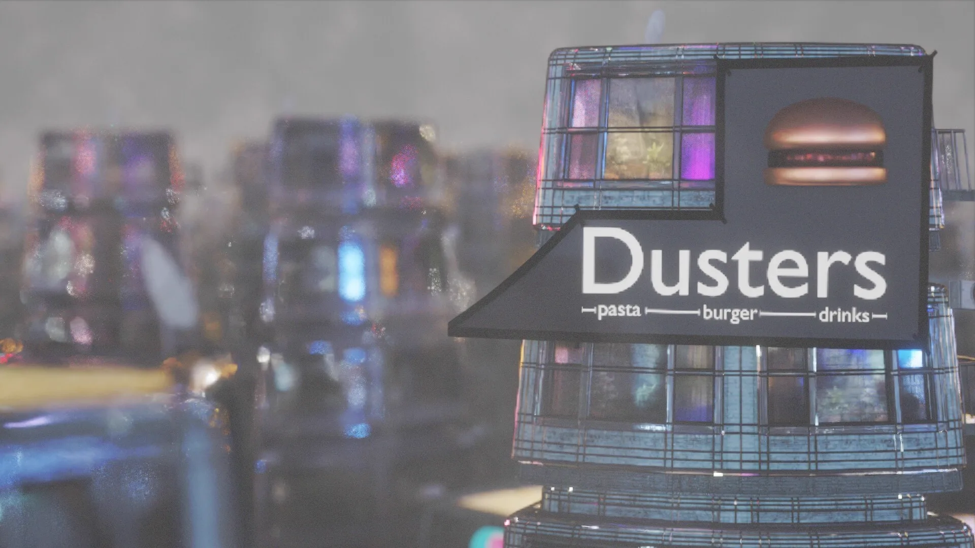 Dusters — pasta, burger, drinks — a lit sign with a burger on the roof of a tower