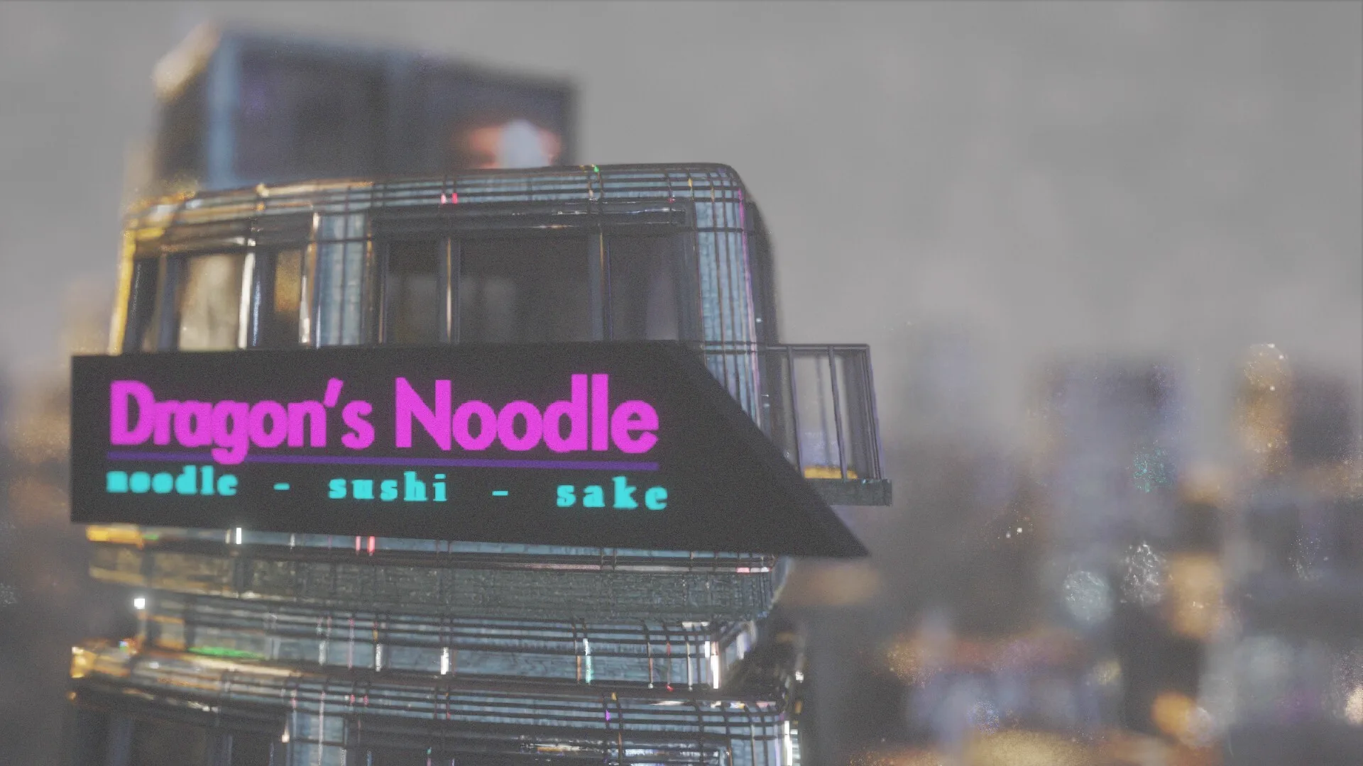 Dragon's Noodle — noodle, sushi, sake — a magenta neon sign on a tower corner