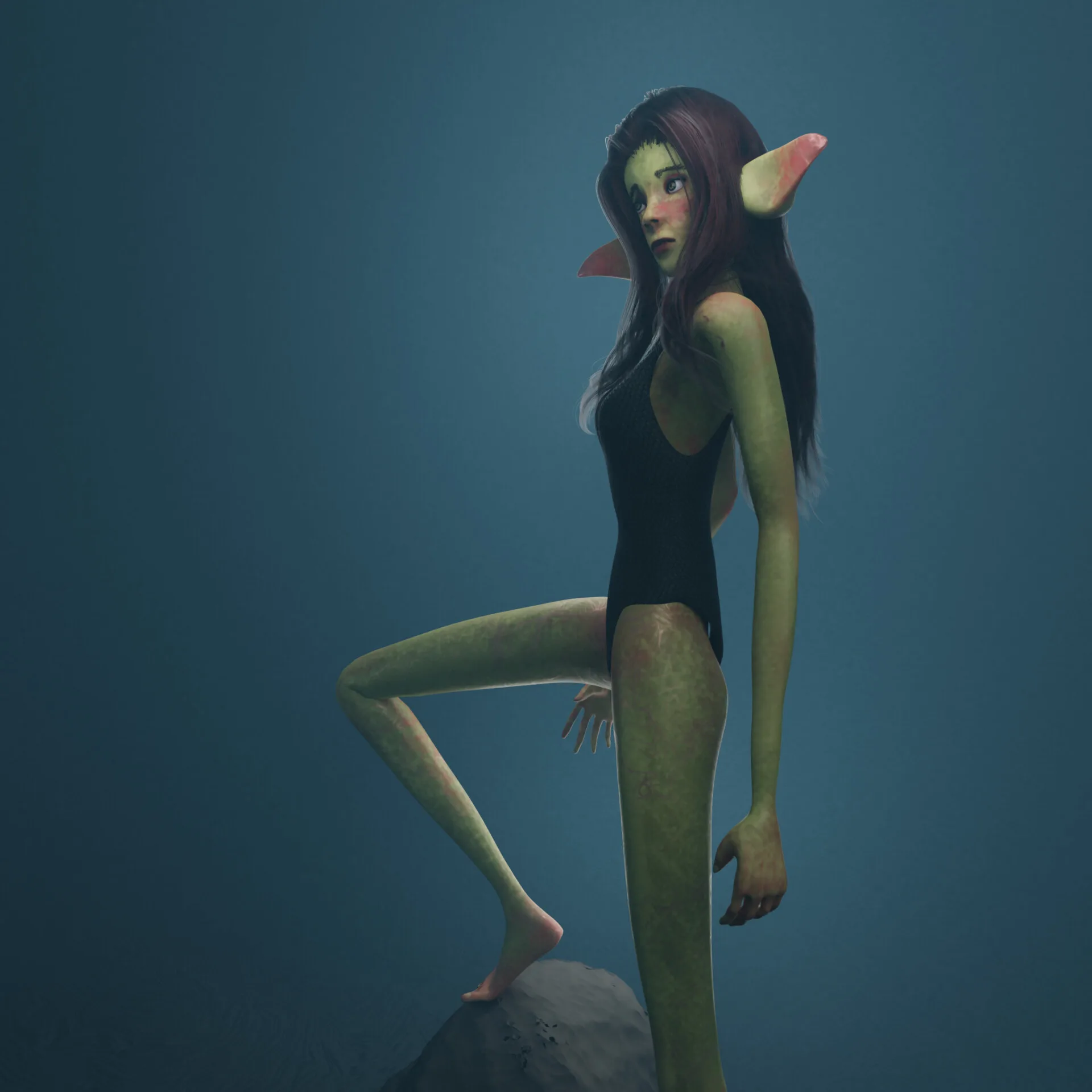 Elanor full length, one foot on a rock