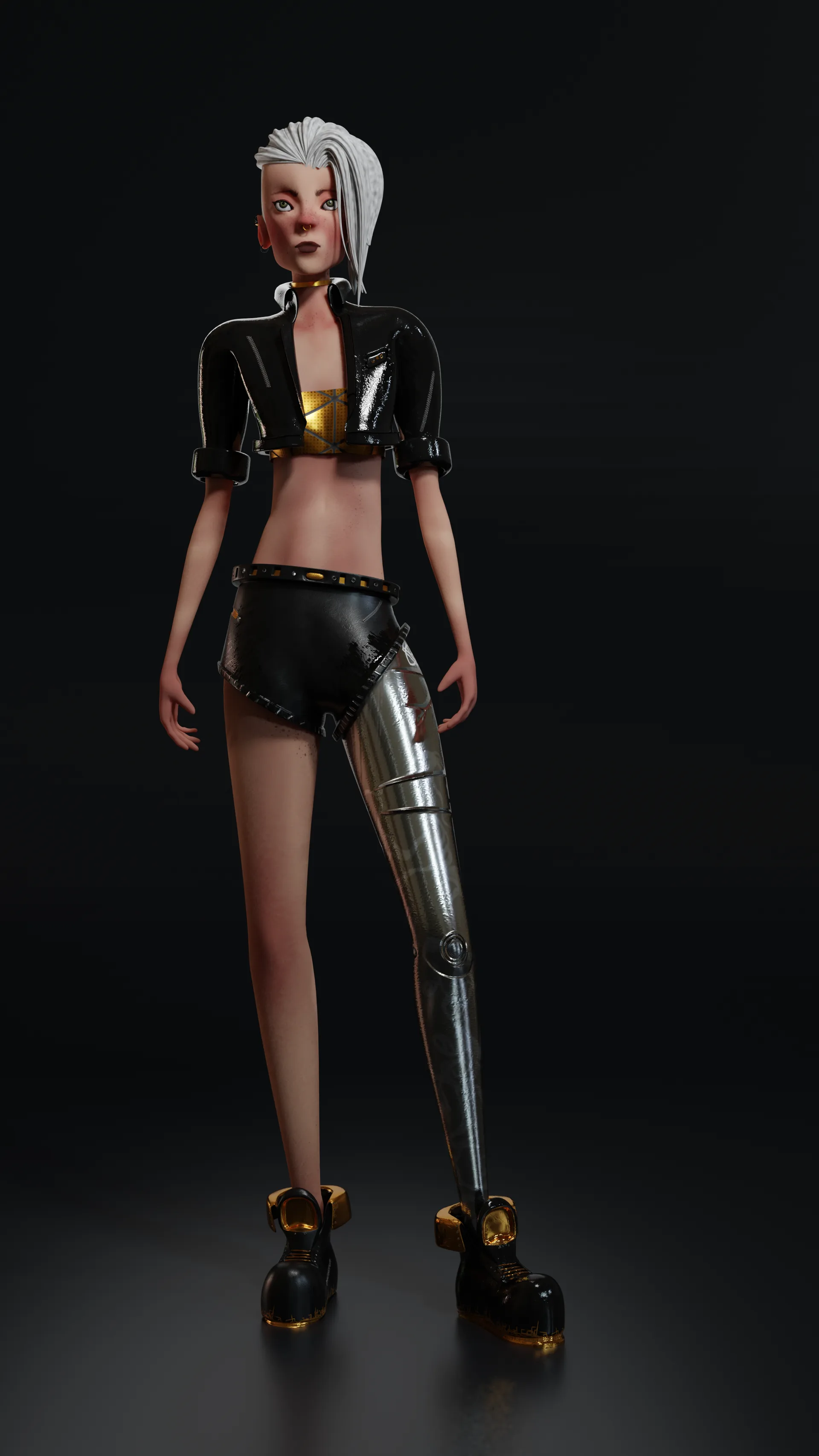 Erina full length: black jacket, shorts and boots against grey