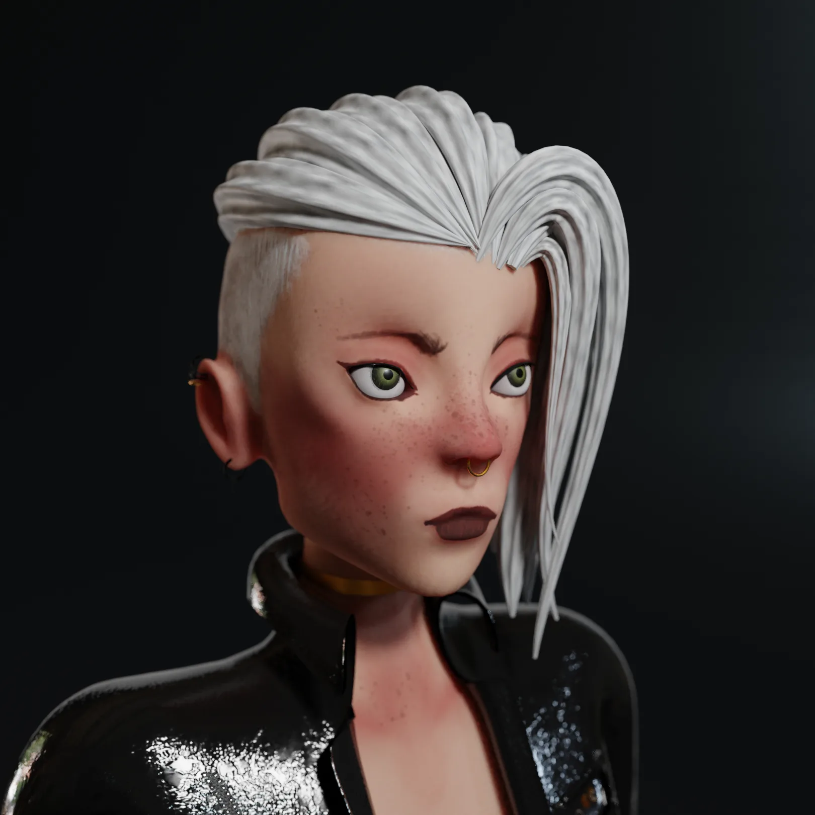 Erina, a cyberpunk girl with white swept-back hair and a black latex jacket, three-quarter portrait
