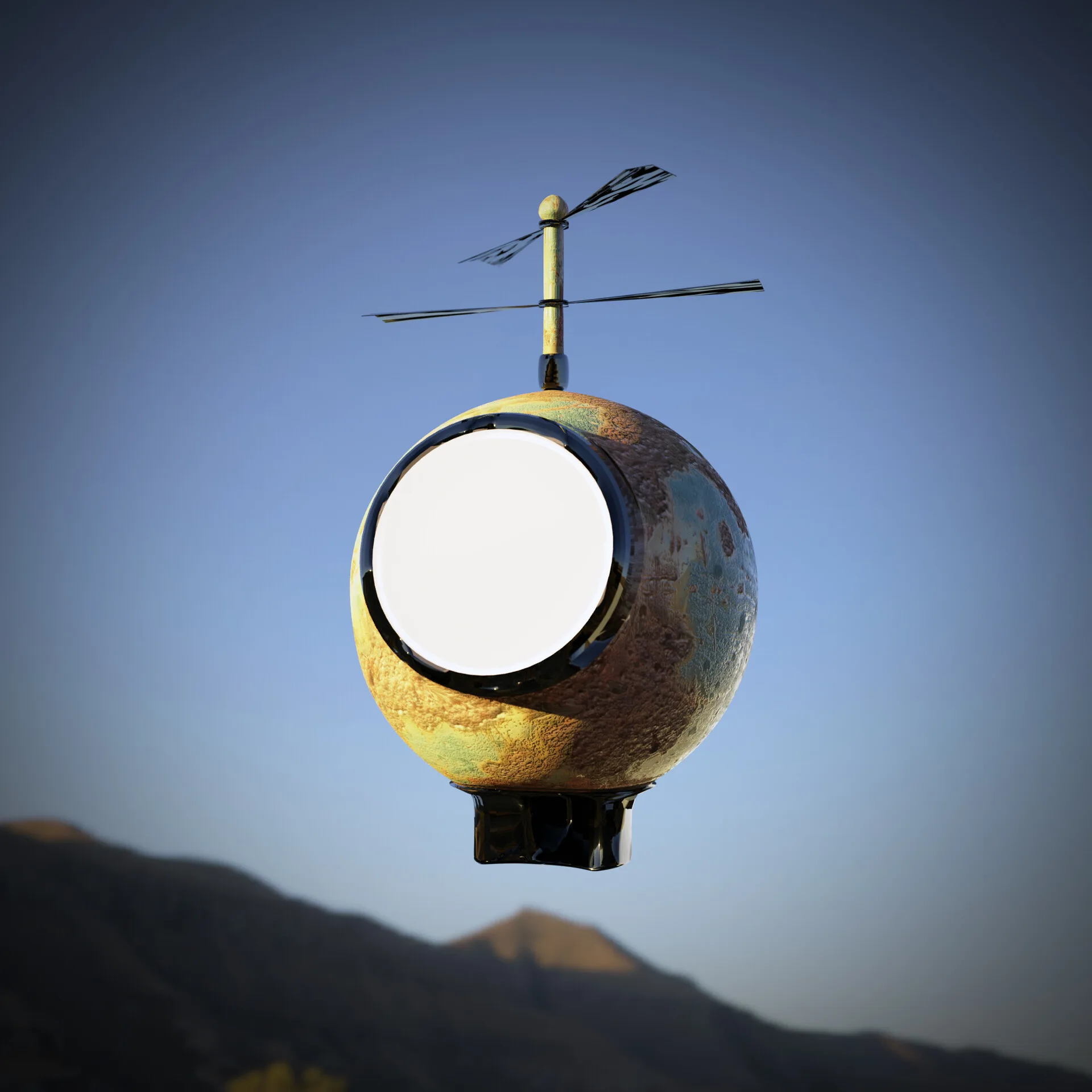 A spherical flying robot with a single lens and rotor, hovering over a hillside