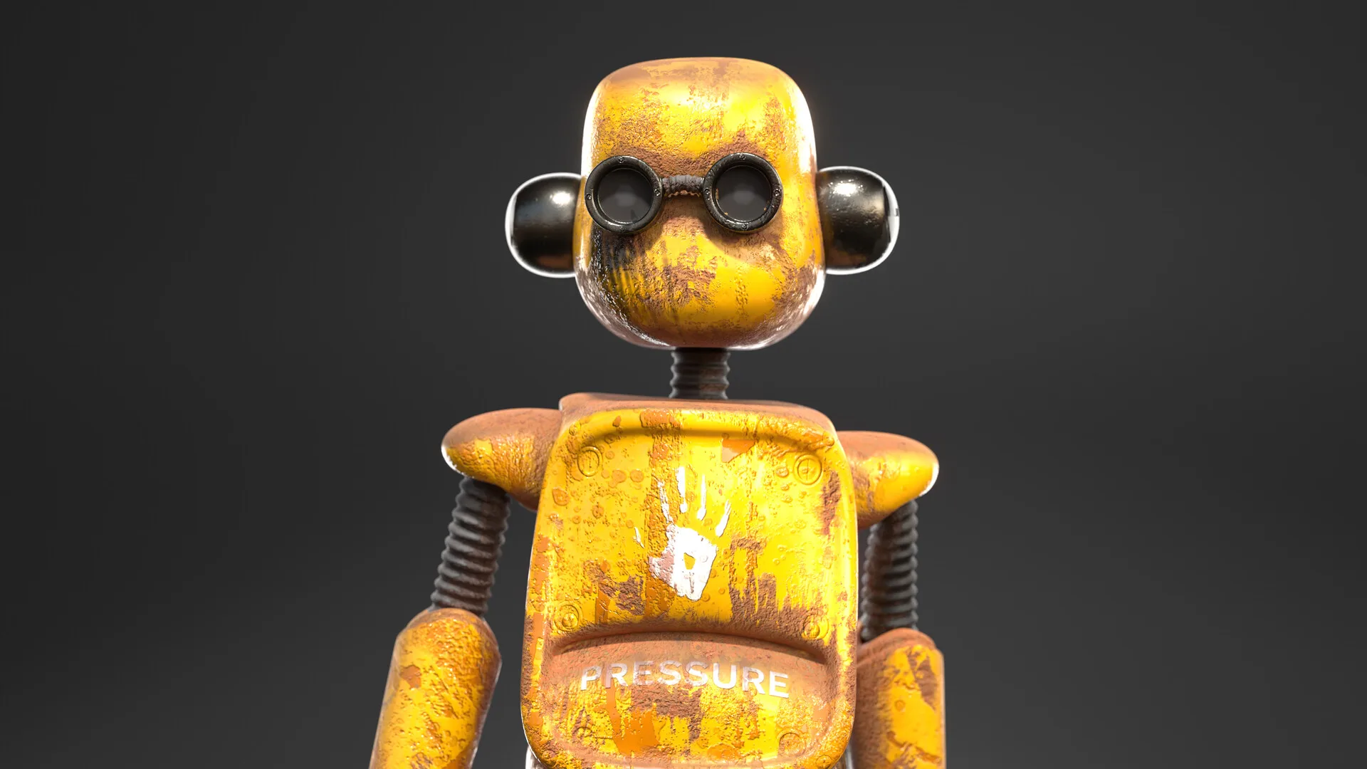 Funky Bot close on a grey stage, round black eyes, chipped yellow paint