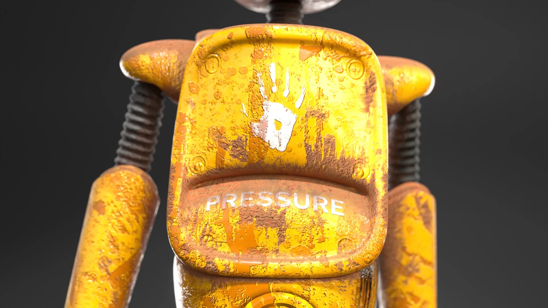 Funky Bot head-on, paint chipped, one eye slightly higher than the other