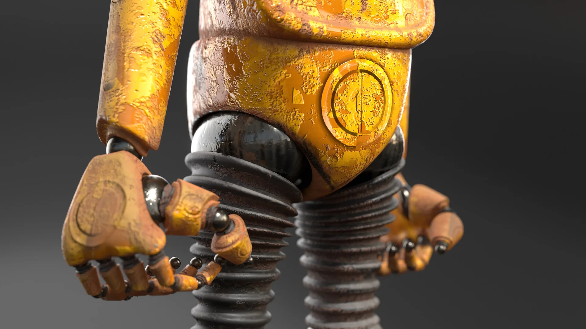 Funky Bot in three-quarter view showing the arm joints