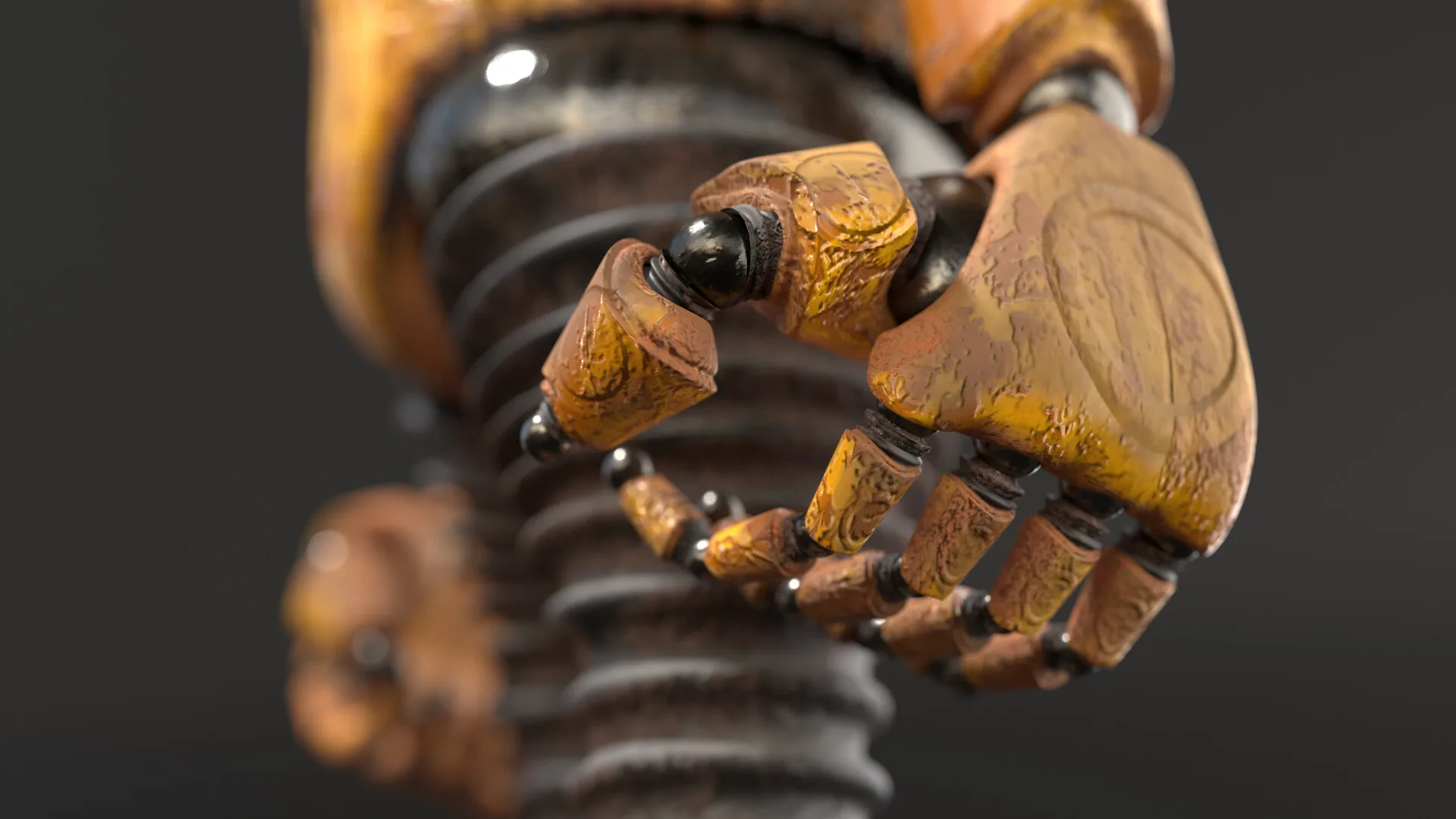 Close on Funky Bot's hand and forearm cylinders