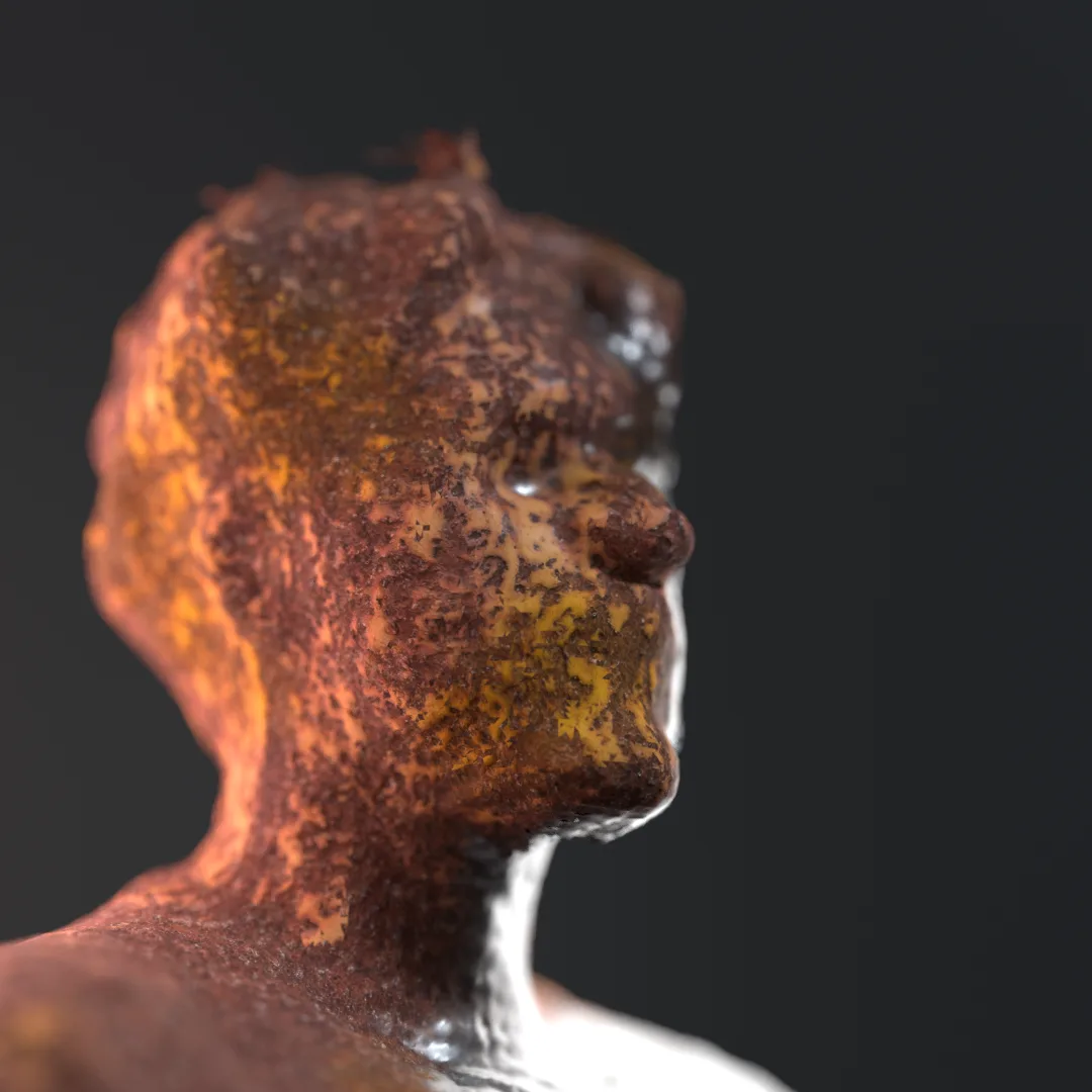 A self-portrait head in rusted, flaking metal