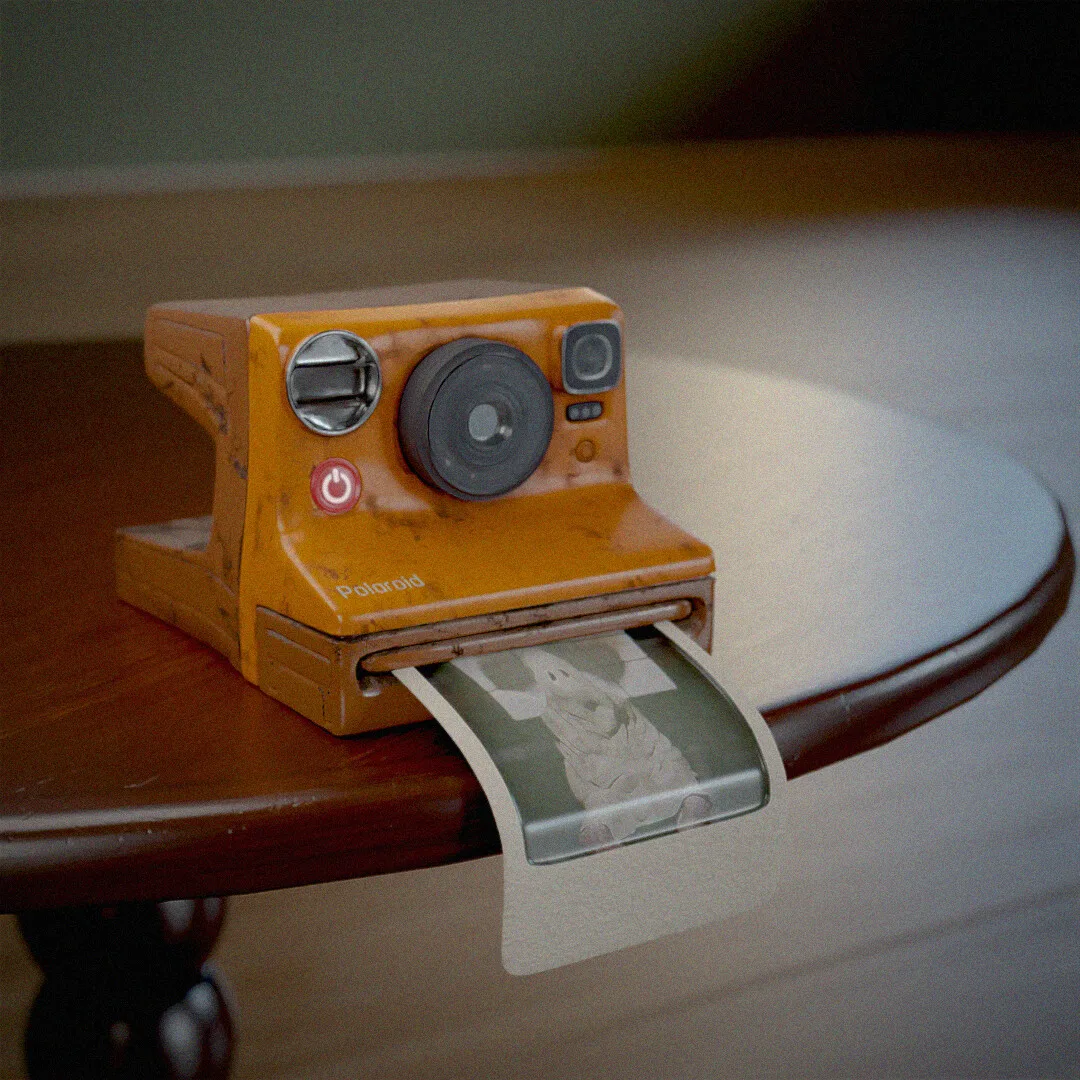 A retro Polaroid camera on a wooden table, a photograph falling from it