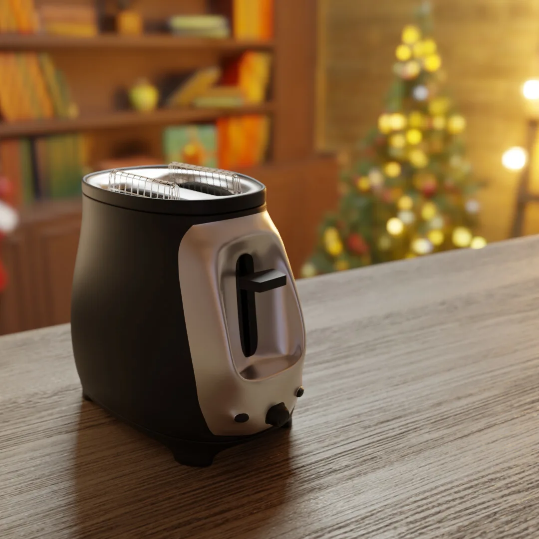 A two-slot toaster on a wooden counter, a Christmas tree behind