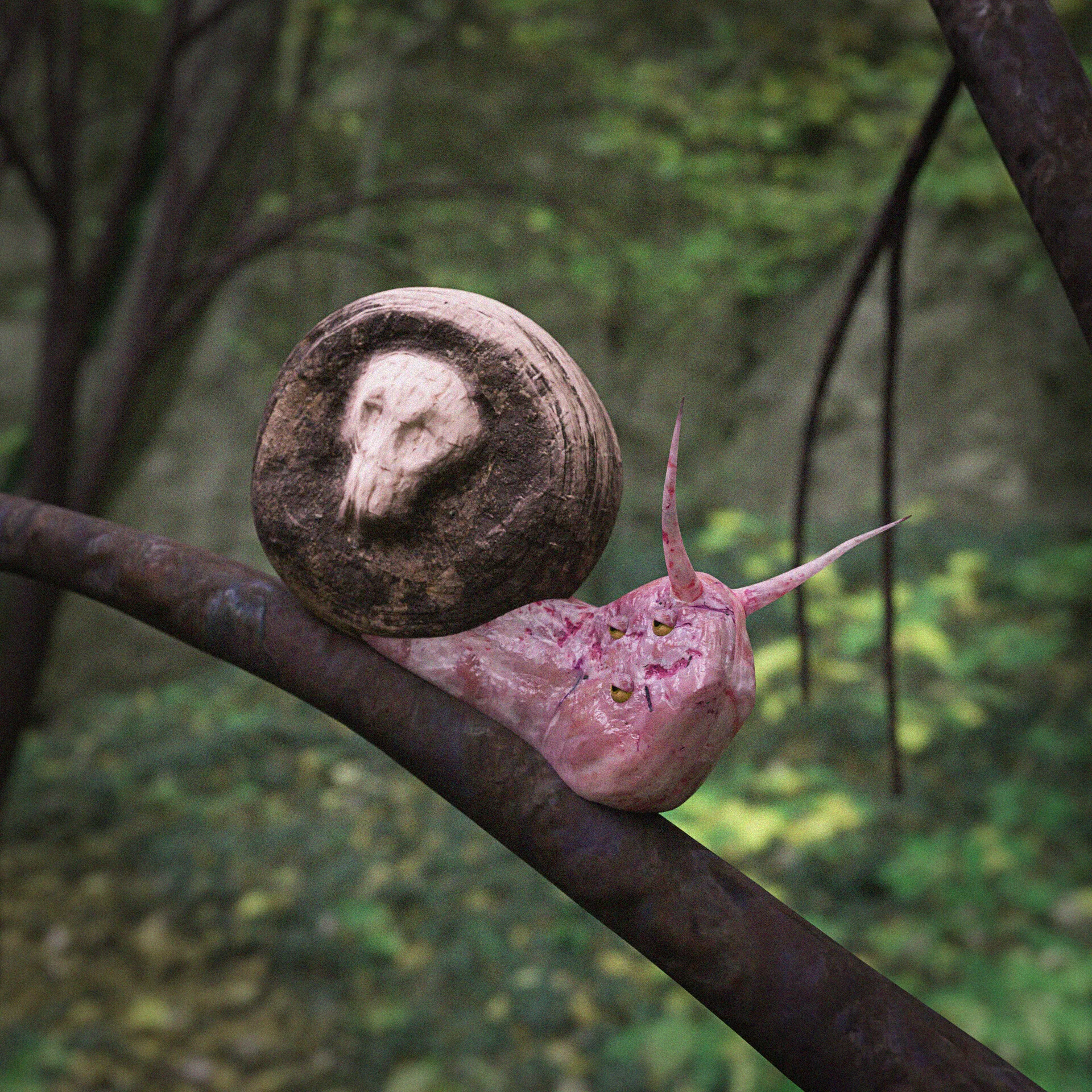 A pale creature with a snail-like shell and a skull face on a mossy branch
