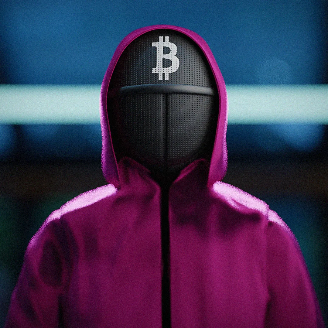 A pink-hooded guard with a Bitcoin mask, after Squid Game