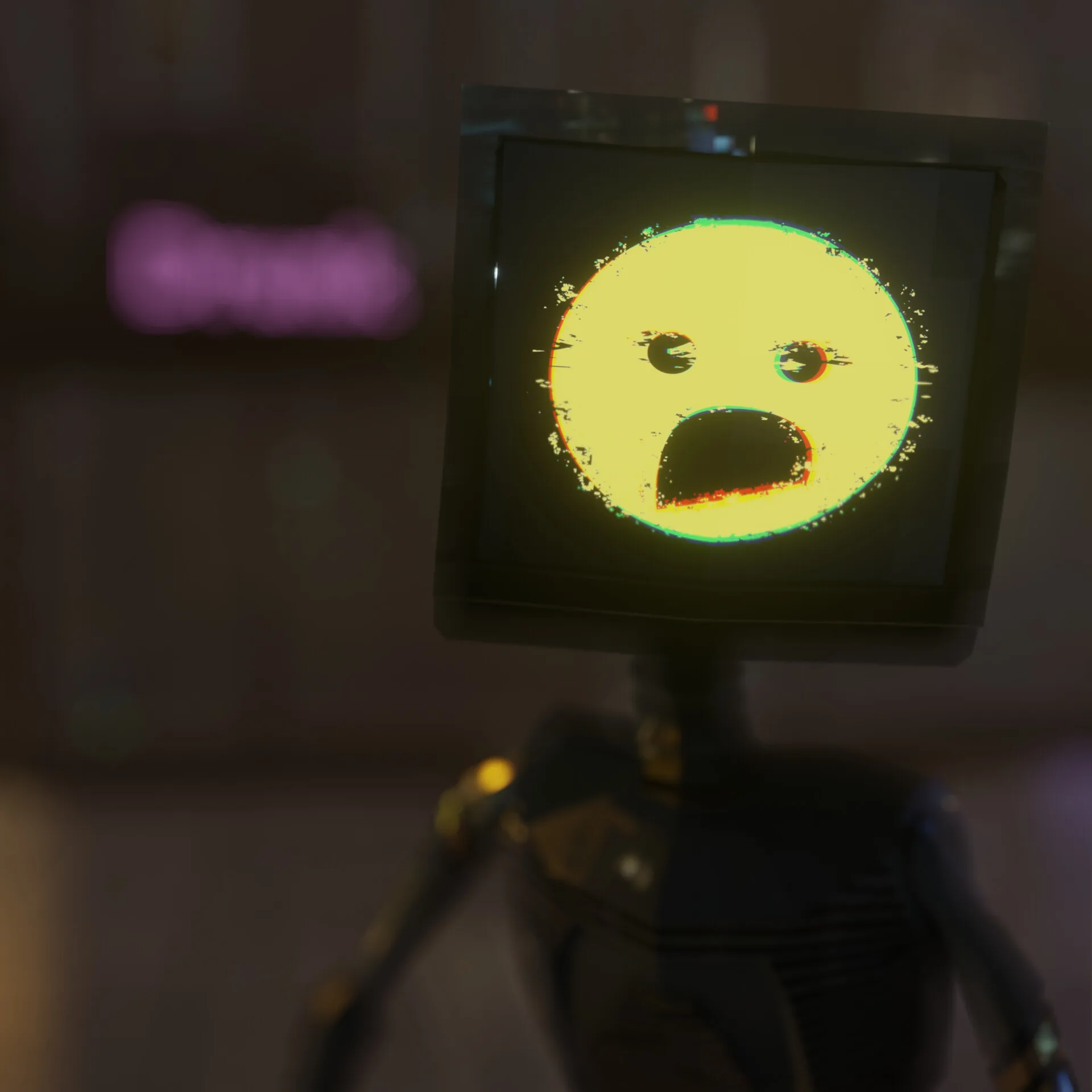 TeleviHead: a thin robot whose head is an old television showing a yellow shouting face