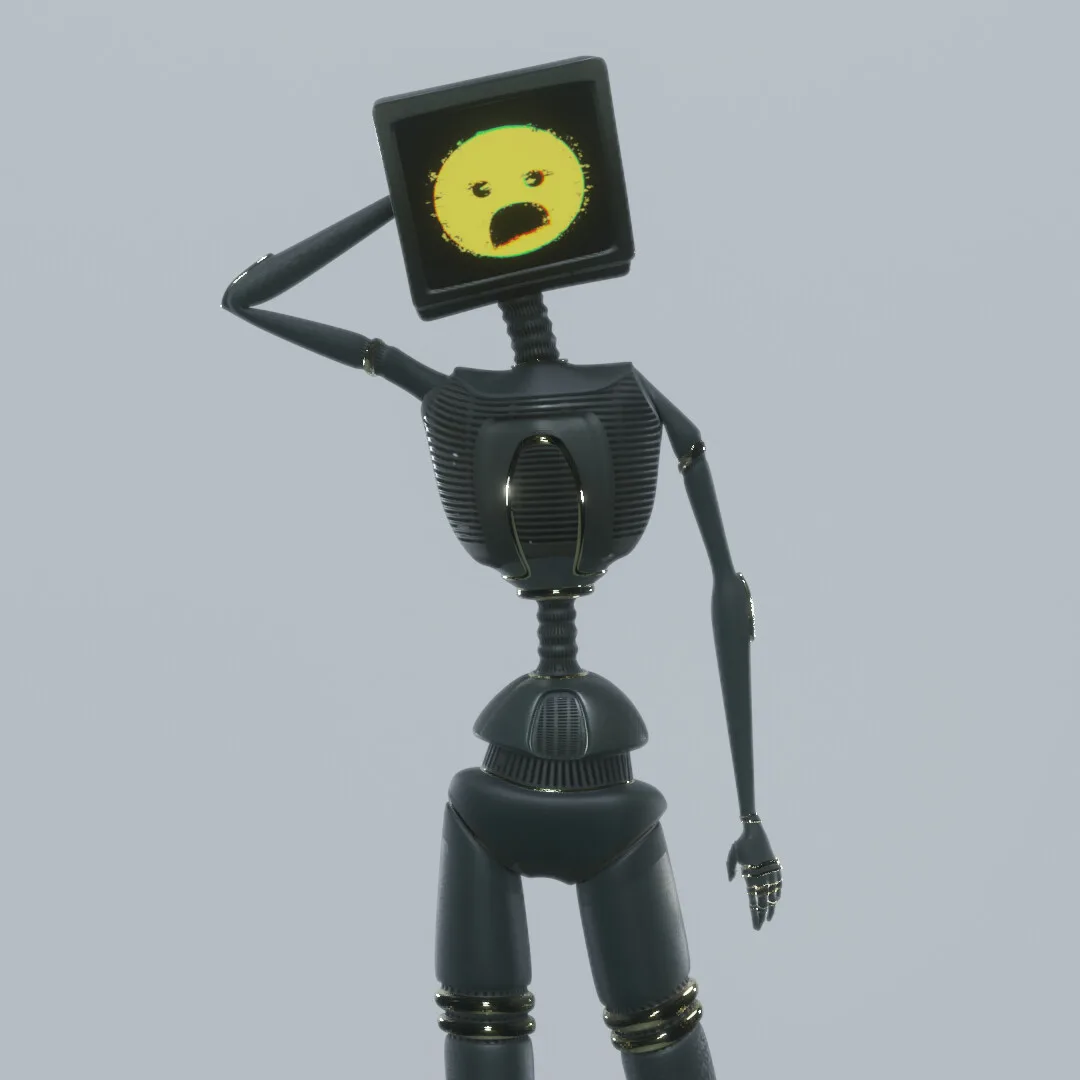TeleviHead full figure, one hand raised to its screen