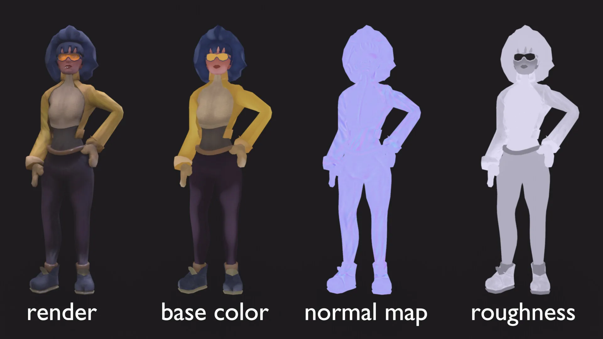 The winter character shown as render, base colour, normal map and roughness