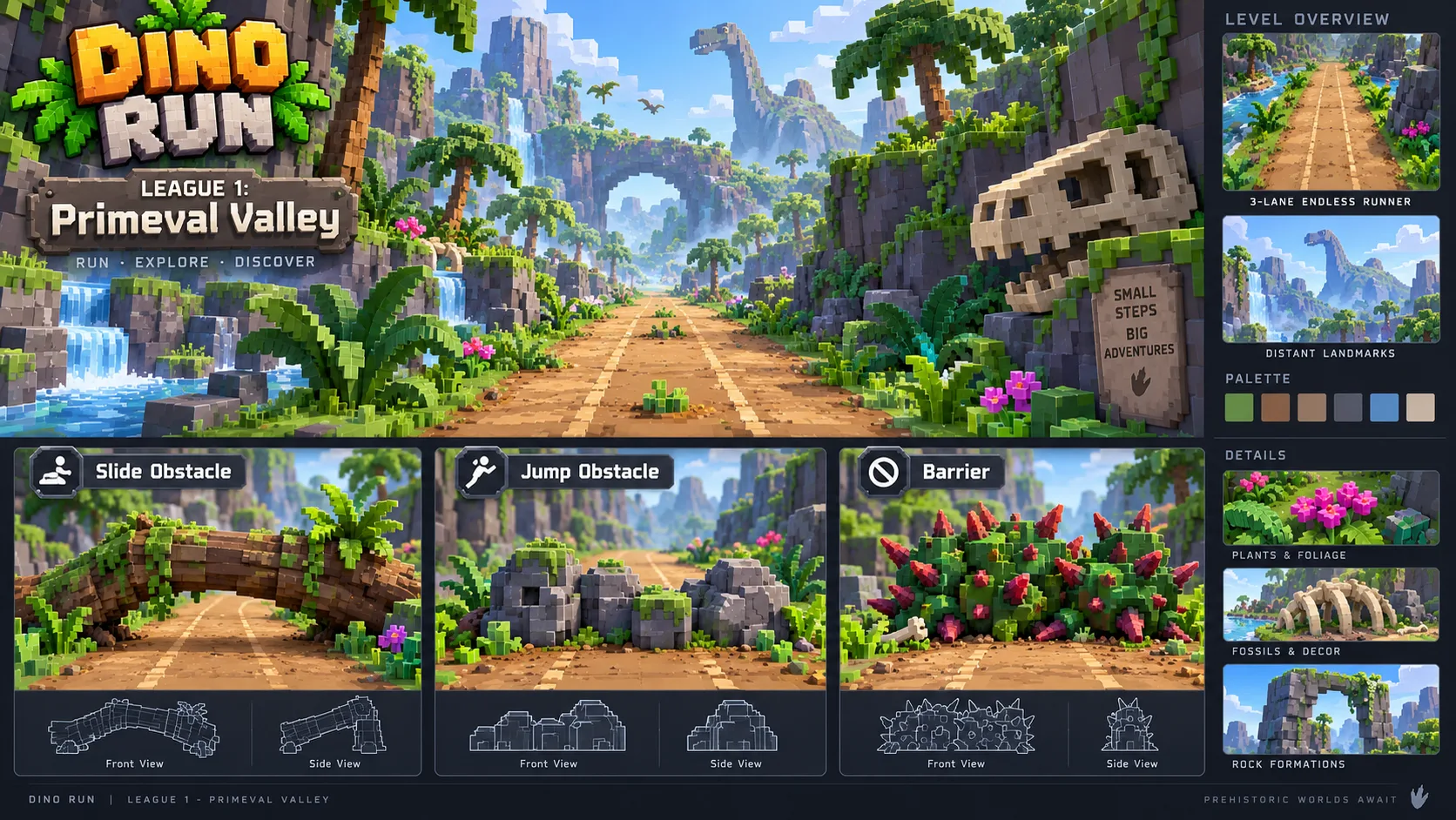 Concept sheet for League 1, Primeval Valley: the dinosaur on a jungle track with the game's menu around it