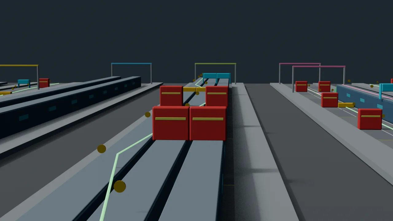 A blockout level from the runner's view: three lanes, red obstacles, a coin line