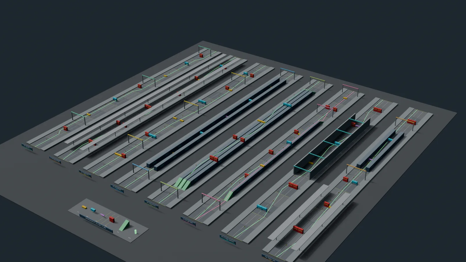 All the levels of a league laid out as grey blockouts, seen from above