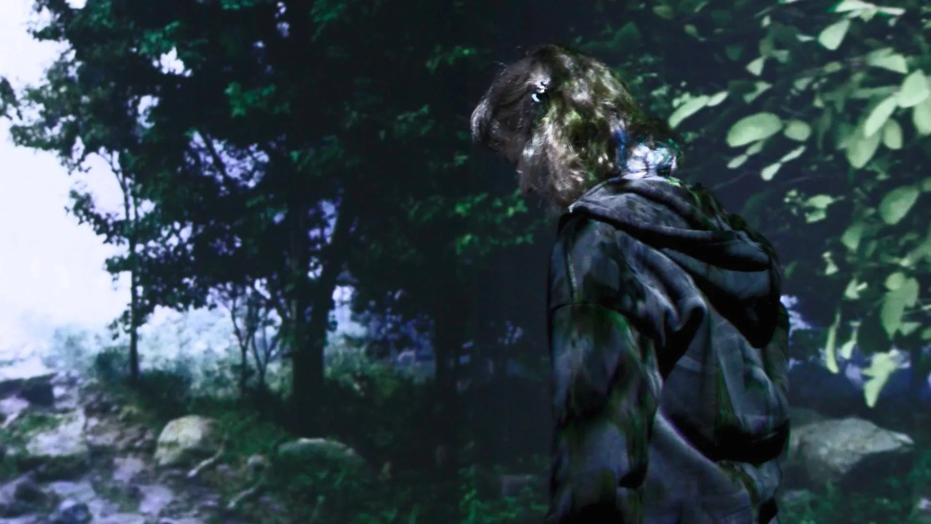 A visitor with the forest's leaves projected across their back, standing in the misty scene