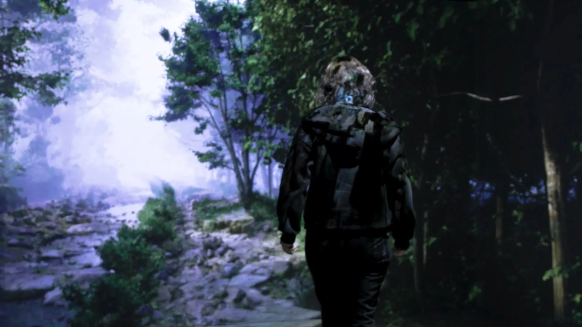 A visitor walking toward a mist-filled forest projected on the far wall, rocks and a stream at their feet