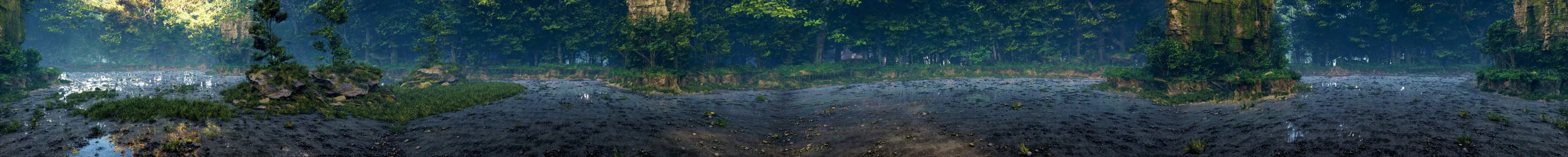 Wall panorama: a daylit clearing of moss, wet stone and a rock face