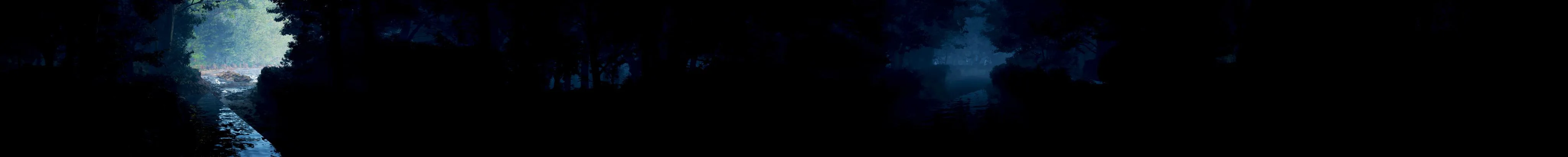 Wall panorama: dark trees closing in, daylight at the far end of the passage