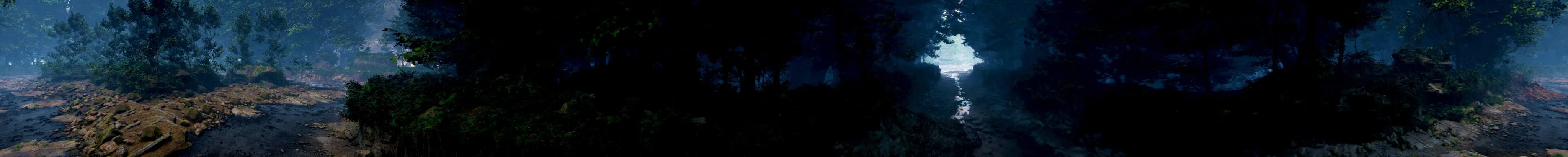 Wall panorama: a night lake with a single break in the canopy reflected on the water