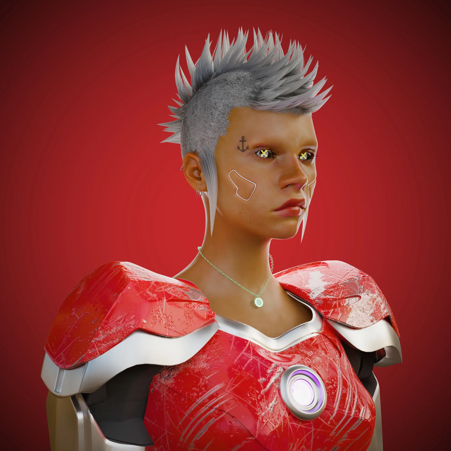 A cyberpunk portrait: white mohawk, red segmented armour with a glowing chest core, against red