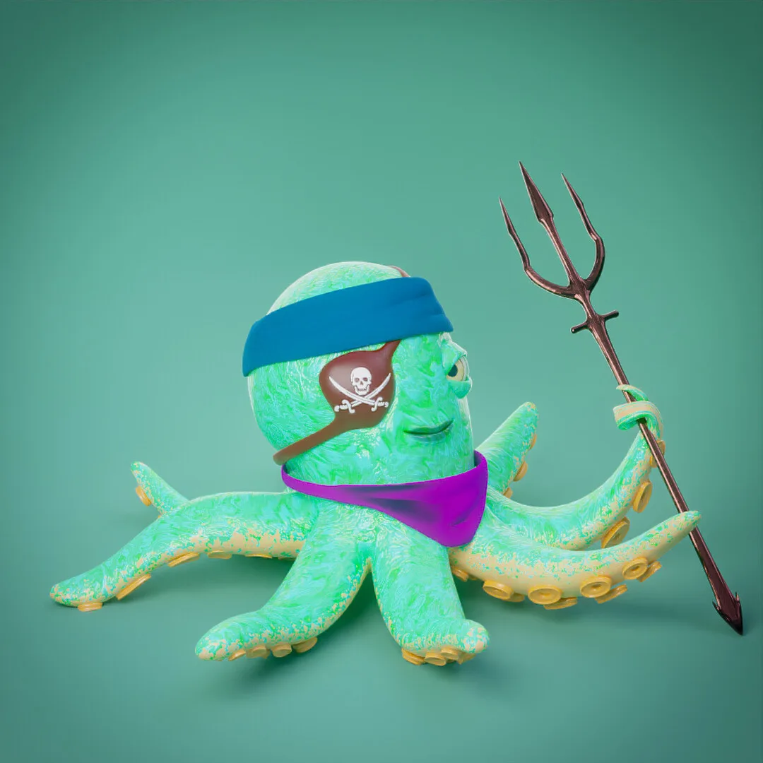 A purple octopus with a headband holding a trident, against violet