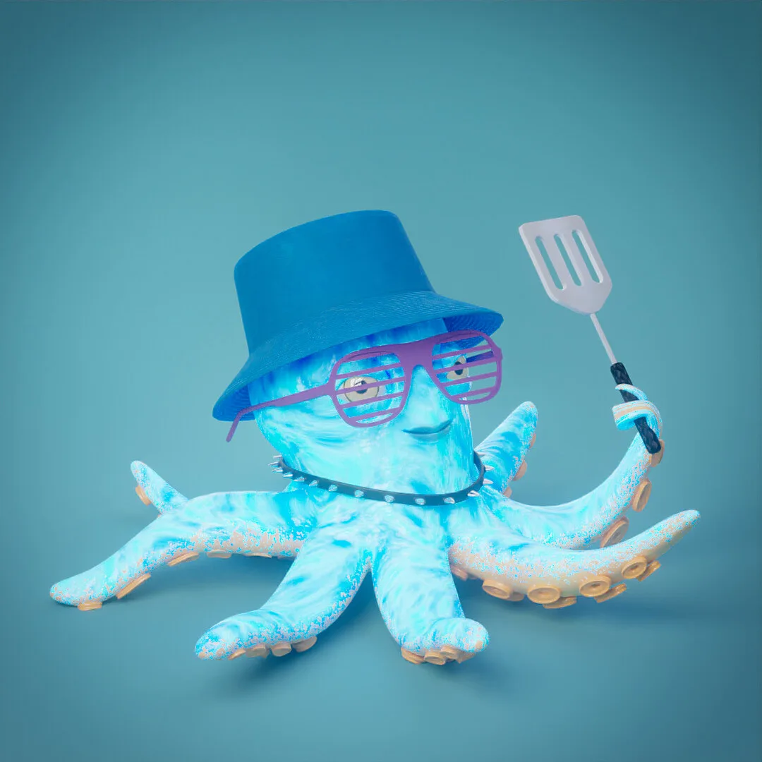 A blue octopus in a bucket hat and glasses holding a spatula, against blue