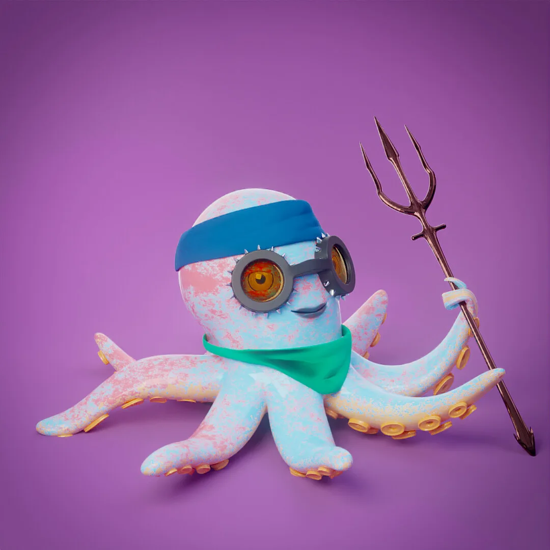 A teal octopus in a wrap and goggles holding a trident, against green