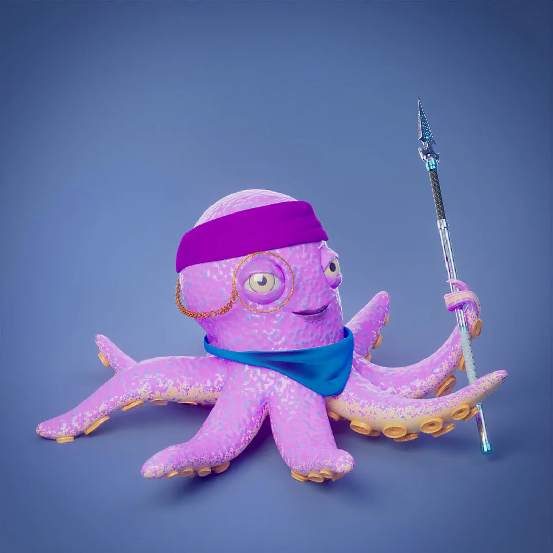 A purple octopus with a headband holding a spear, against blue