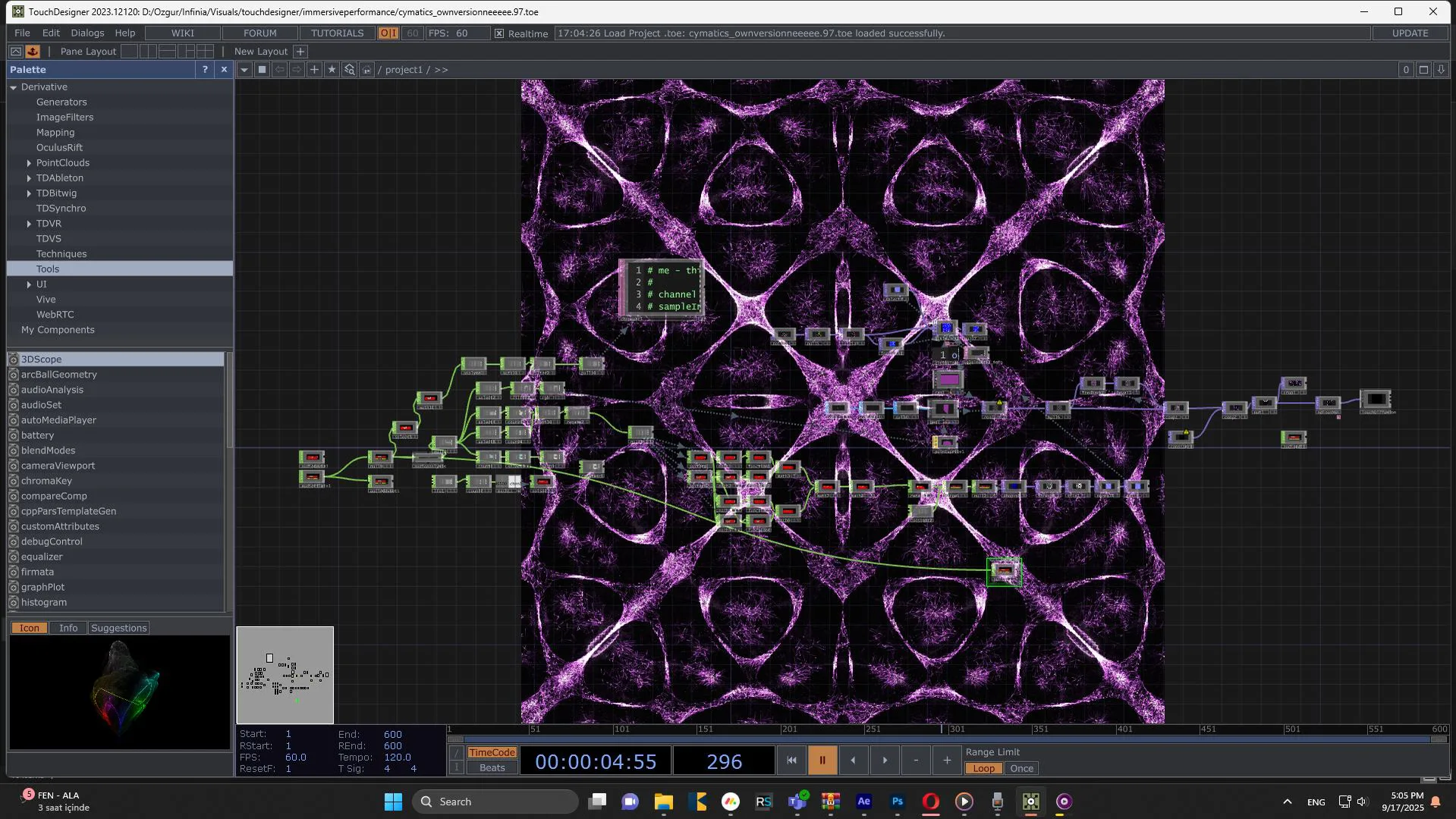 The TouchDesigner network: audio analysis feeding a chain of operators over a magenta cymatic pattern
