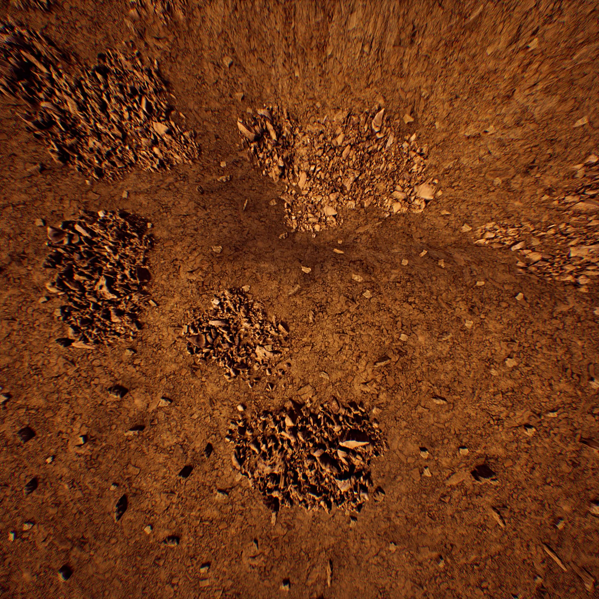 Mars floor pass — rust-coloured rock and gravel