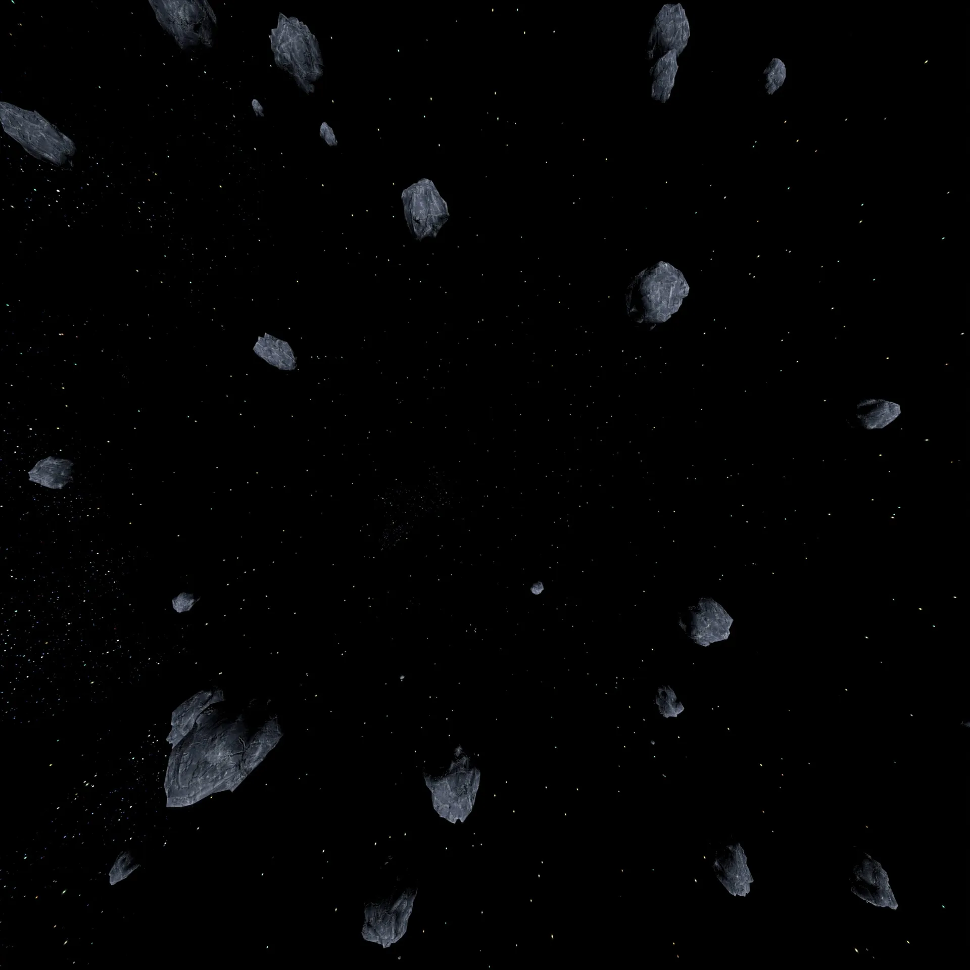 Neptune floor pass — ice fragments drifting on black