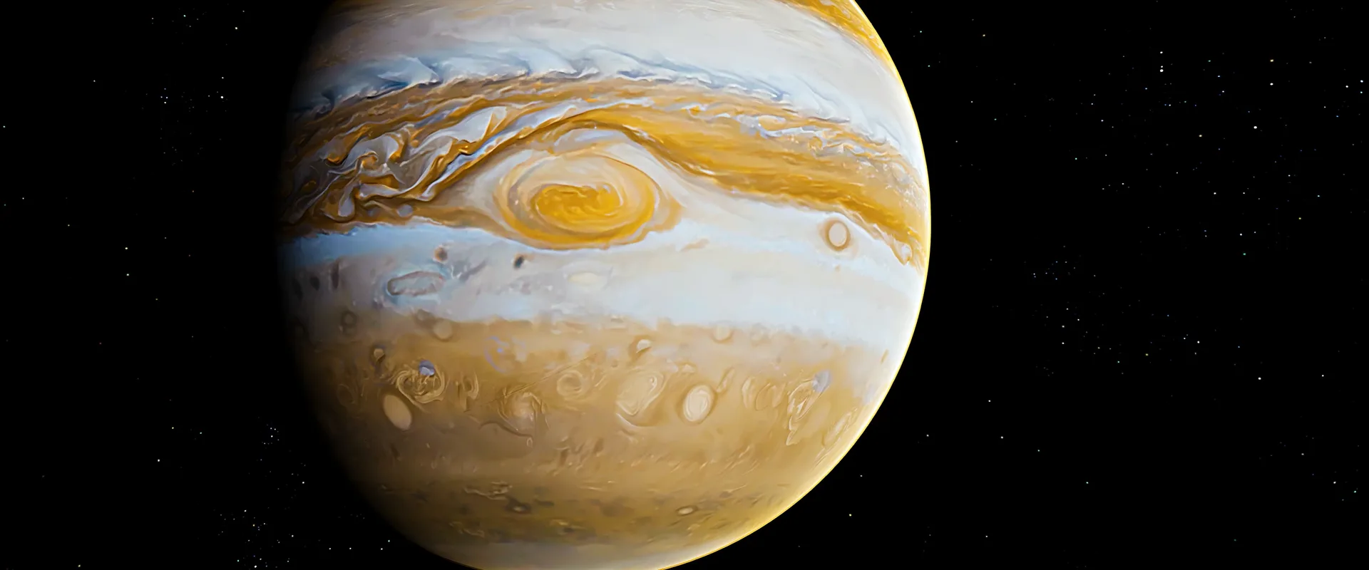 Jupiter from orbit: the banded globe and the Great Red Spot on the far wall