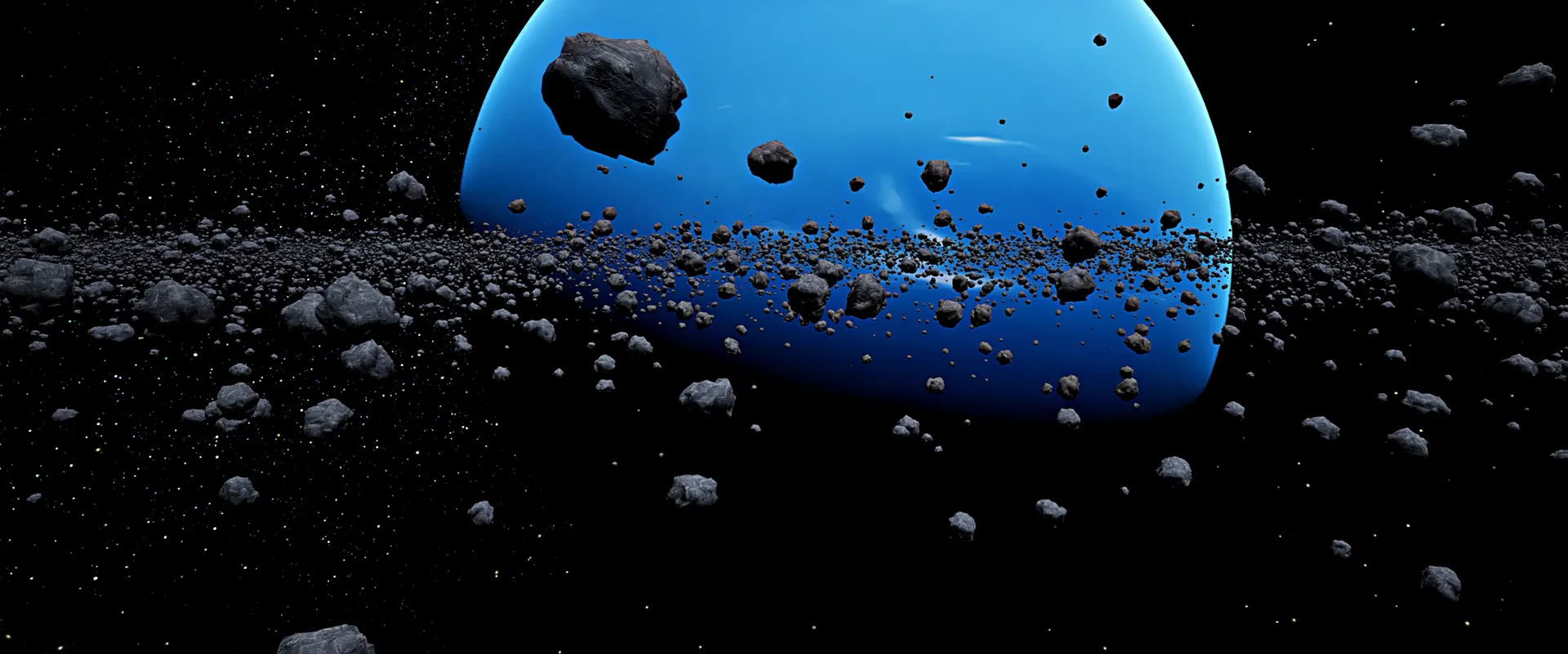 Neptune from orbit: the blue giant on the far wall, ice fragments tumbling past on every side
