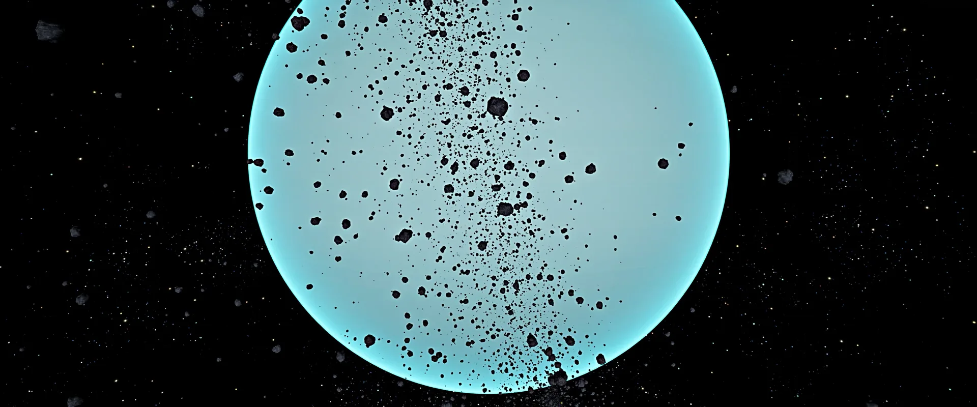 Uranus from orbit: a pale cyan disc flecked with dark debris, the rest of the room black