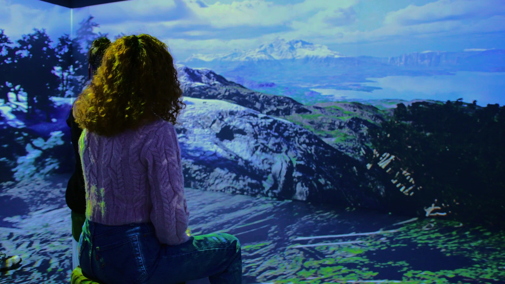A visitor facing a snow-lined mountain valley — the Earth scene — projected across the room