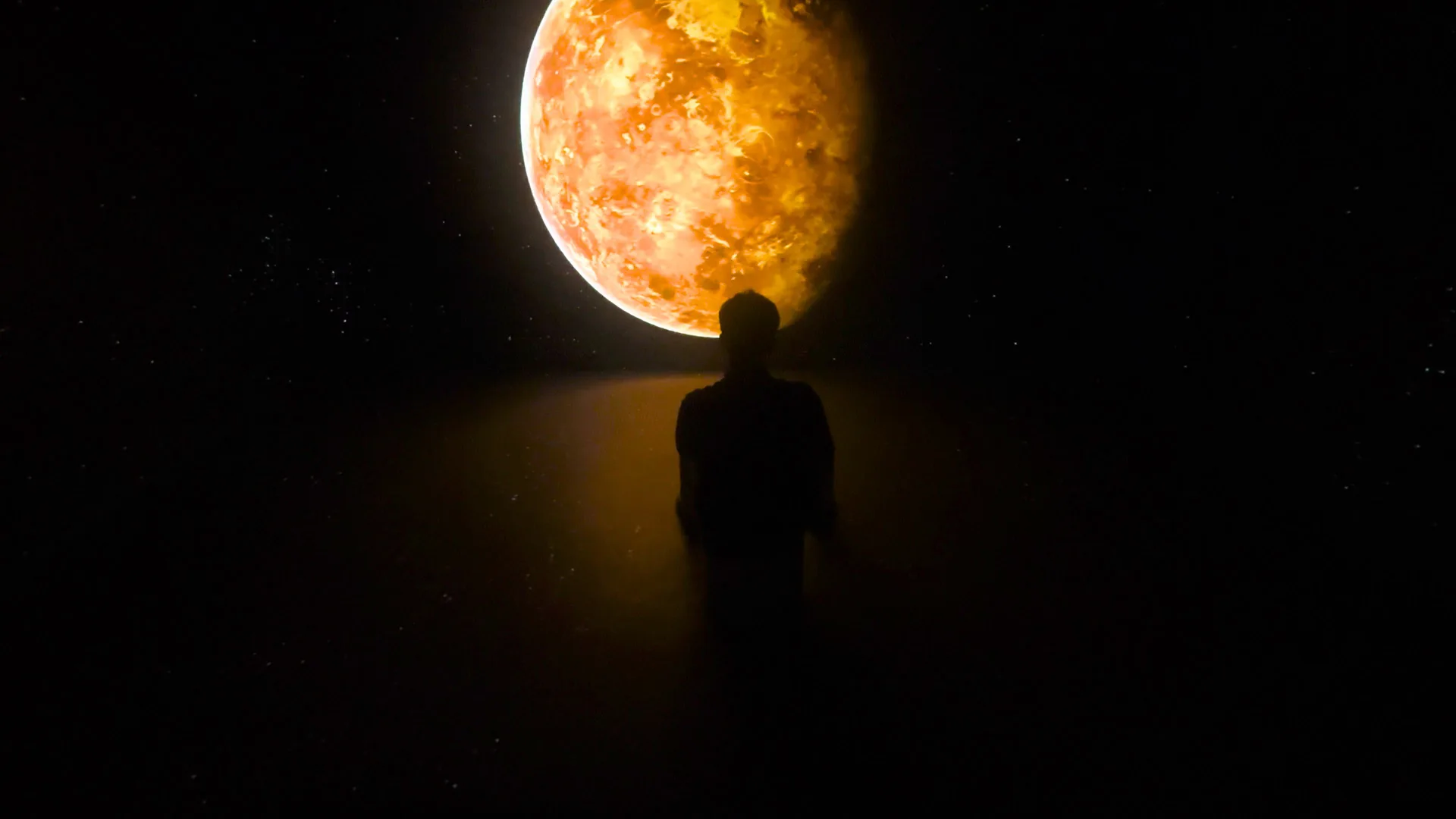 Venus lit warm against the darkened room, a visitor silhouetted in front