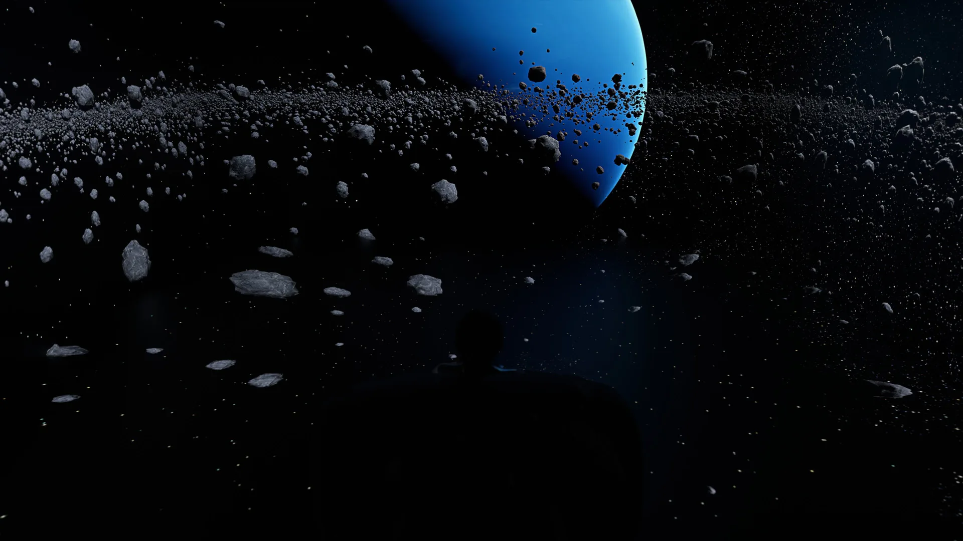 Neptune in the room: the blue planet above a field of tumbling ice fragments