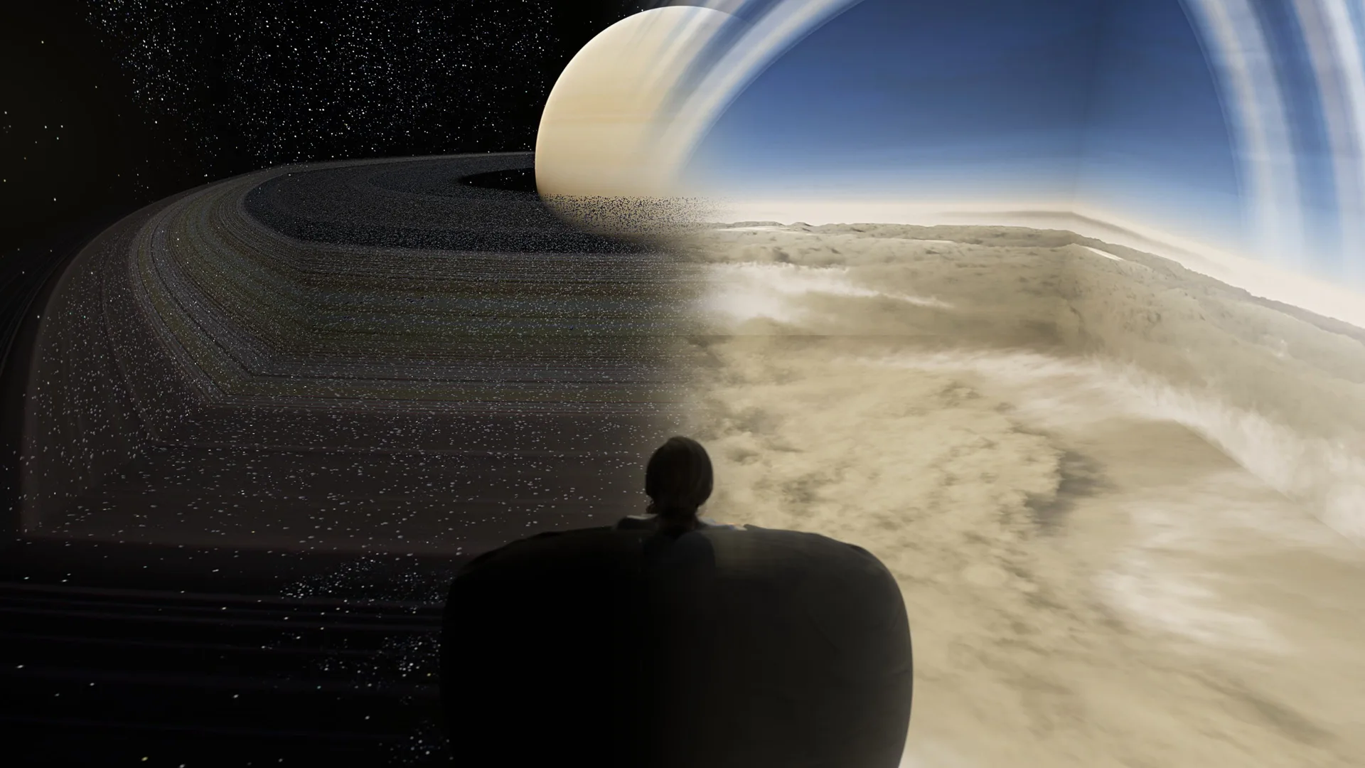 Saturn in the room: the ring plane rising over a bank of cloud