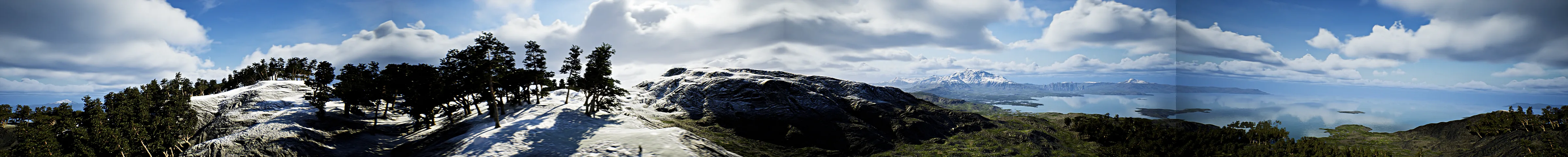 Earth surface panorama: a snow-lined ridge with pines, opening onto a lake and green hills
