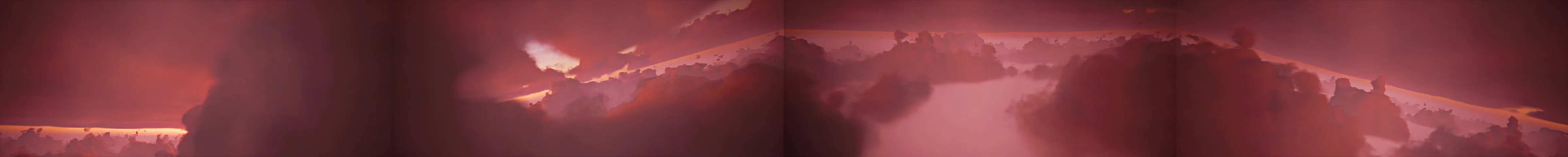 Jupiter surface panorama: towering pink cloud decks lit from within