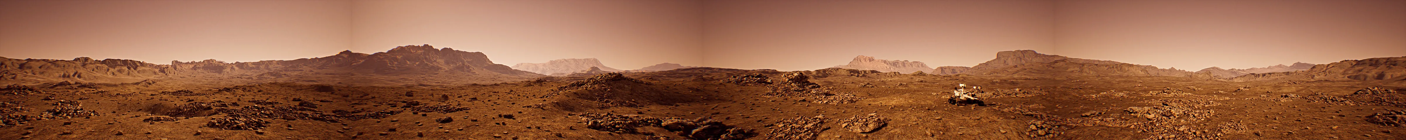 Mars surface panorama: a rock-strewn plain to distant mesas, the rover in the middle distance