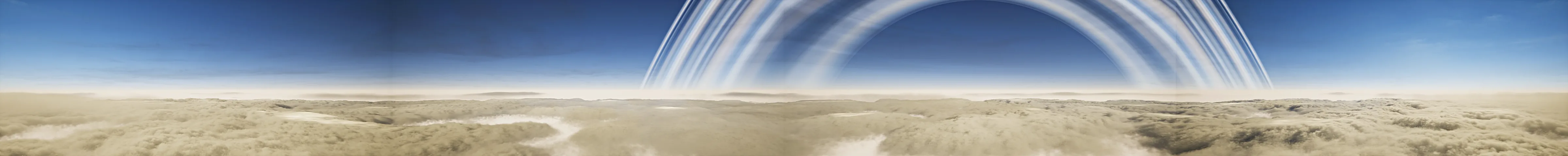 Saturn surface panorama: the rings arcing over a sunlit cloud deck
